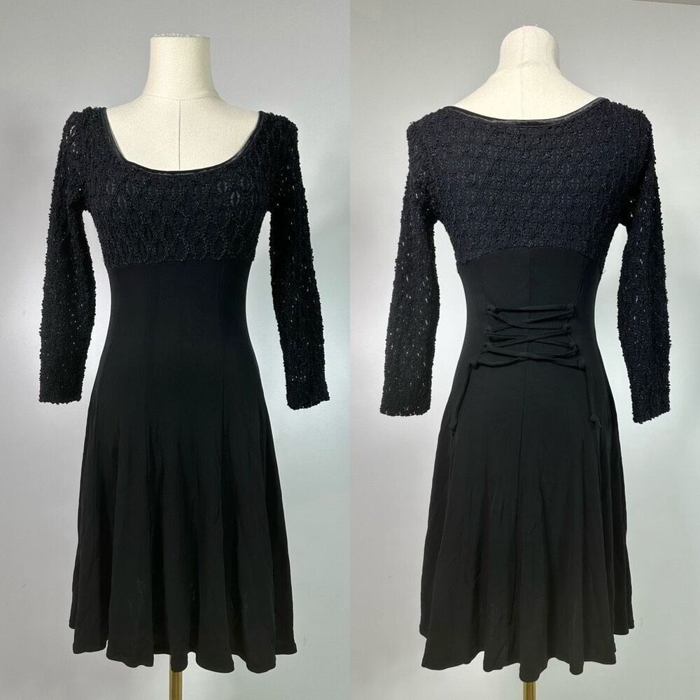 Orna Farho Little Black Dress Fitted Stretchy Sz 1/ XS  Coquette Witchy Ballet
